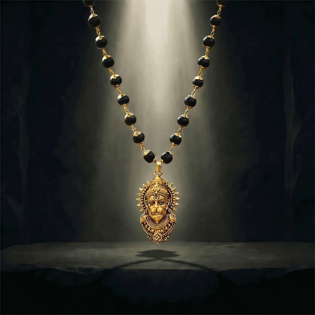 Gold Plated Bajrangbali Karungali Necklace with certified beads