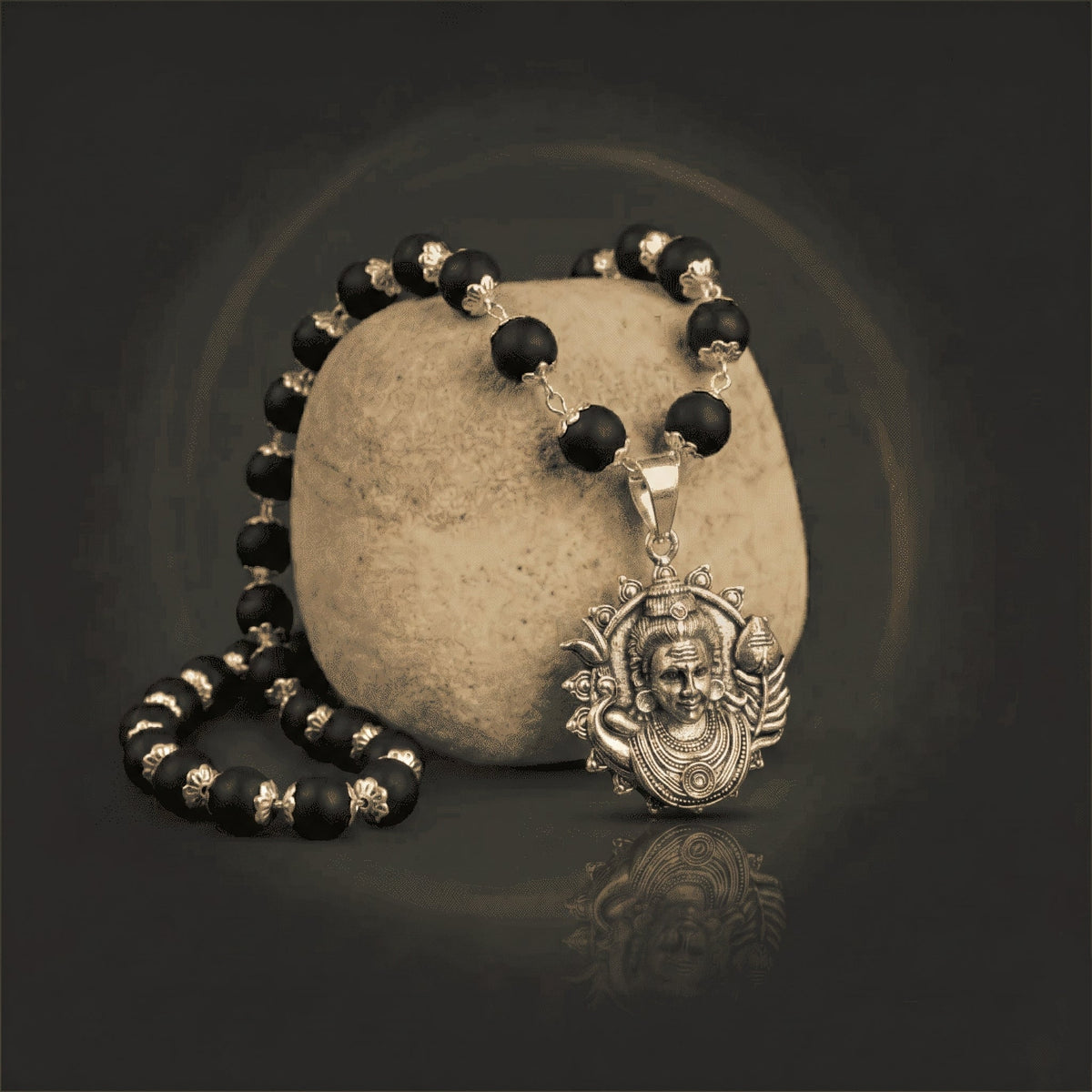 Silver Karungali Necklace with Murugan Vetri Vel Pendant