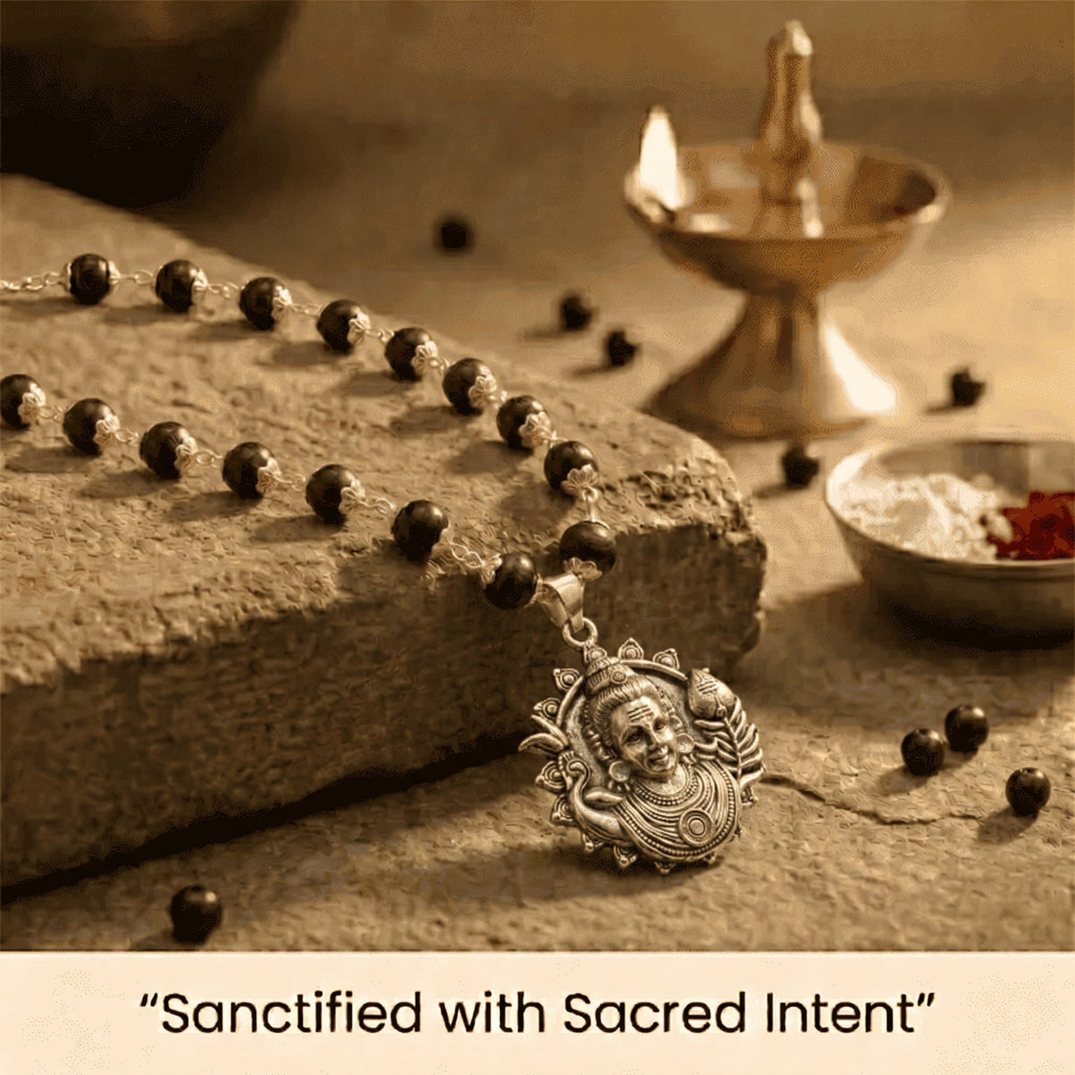 Silver Karungali Necklace with Murugan Vetri Vel Pendant