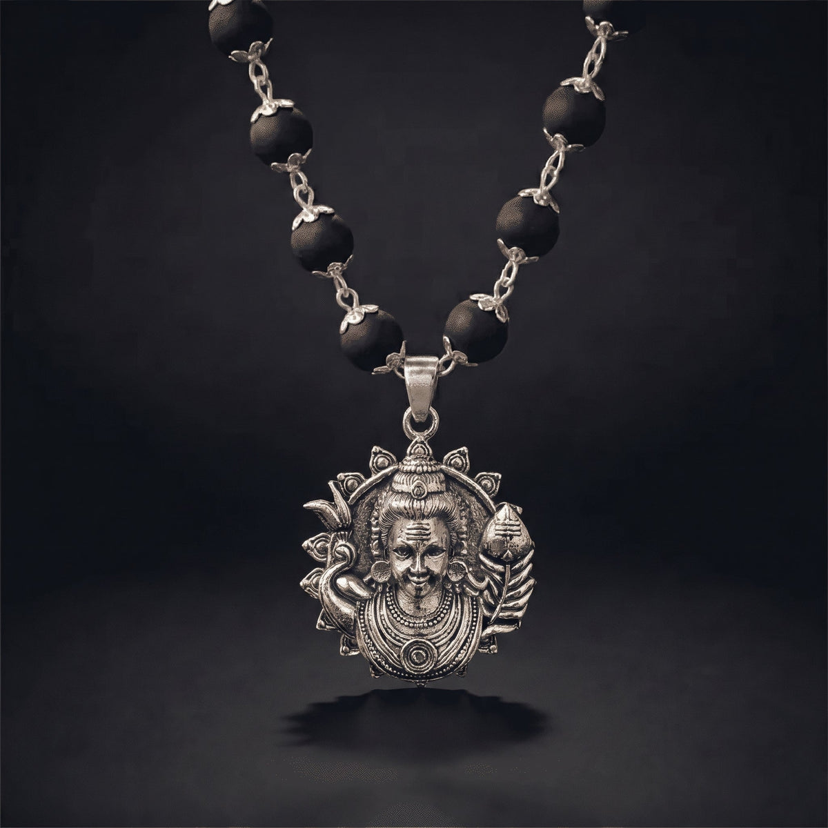 Silver Karungali Necklace with Murugan Vetri Vel Pendant