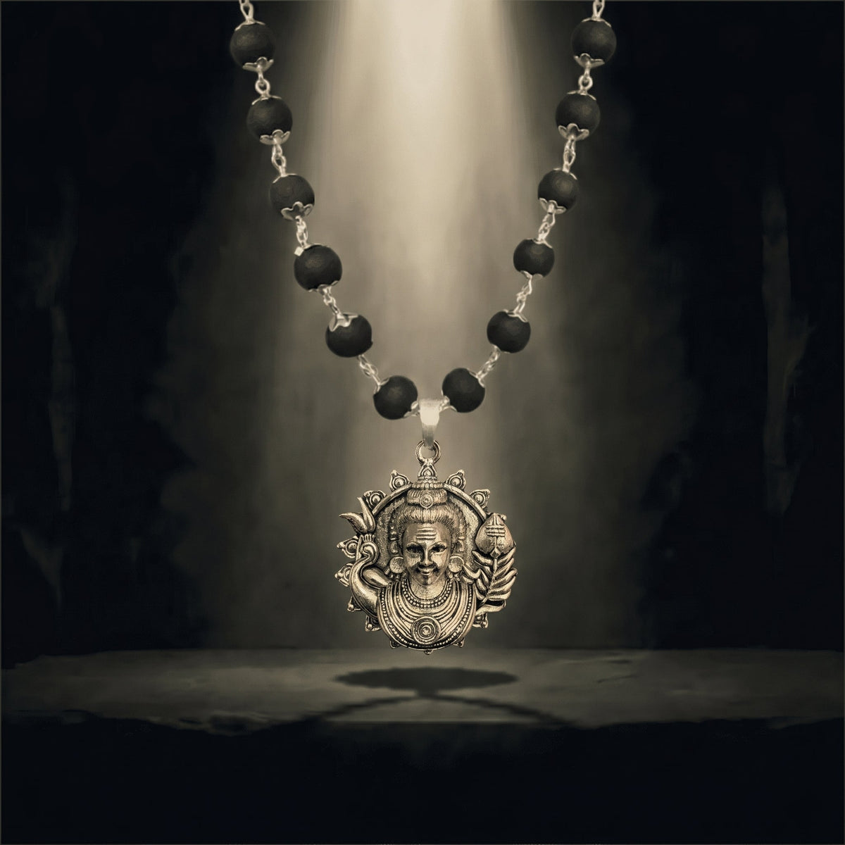 Silver Karungali Necklace with Murugan Vetri Vel Pendant