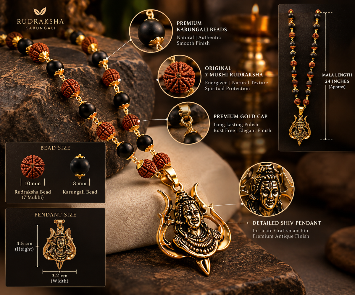Rudraksha Karungali Malai in Gold-Cap with Shiv Pendant
