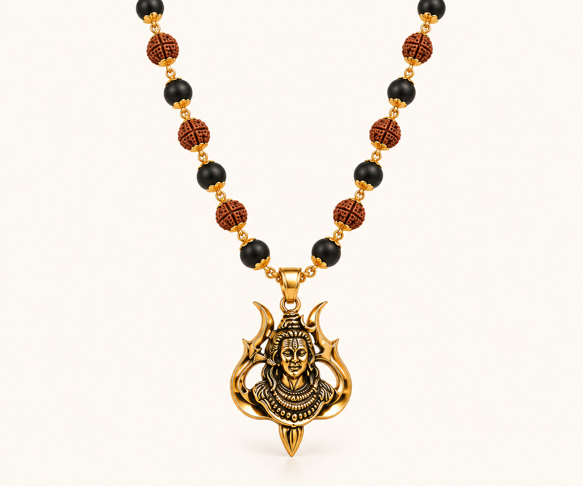 Rudraksha Karungali Malai in Gold-Cap with Shiv Pendant