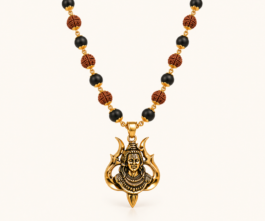 Rudraksha Karungali Malai in Gold-Cap with Shiv Pendant