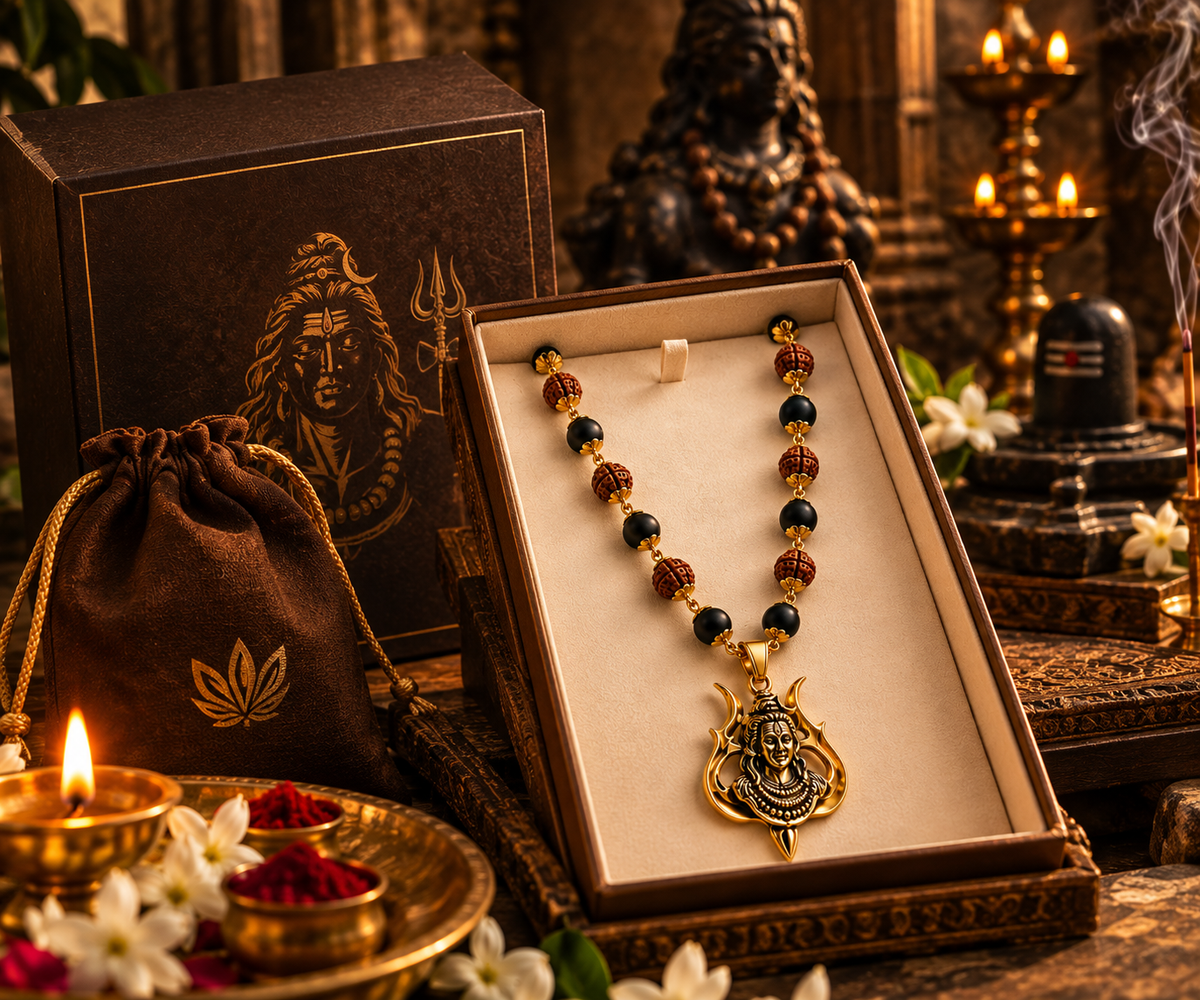 Rudraksha Karungali Malai in Gold-Cap with Shiv Pendant
