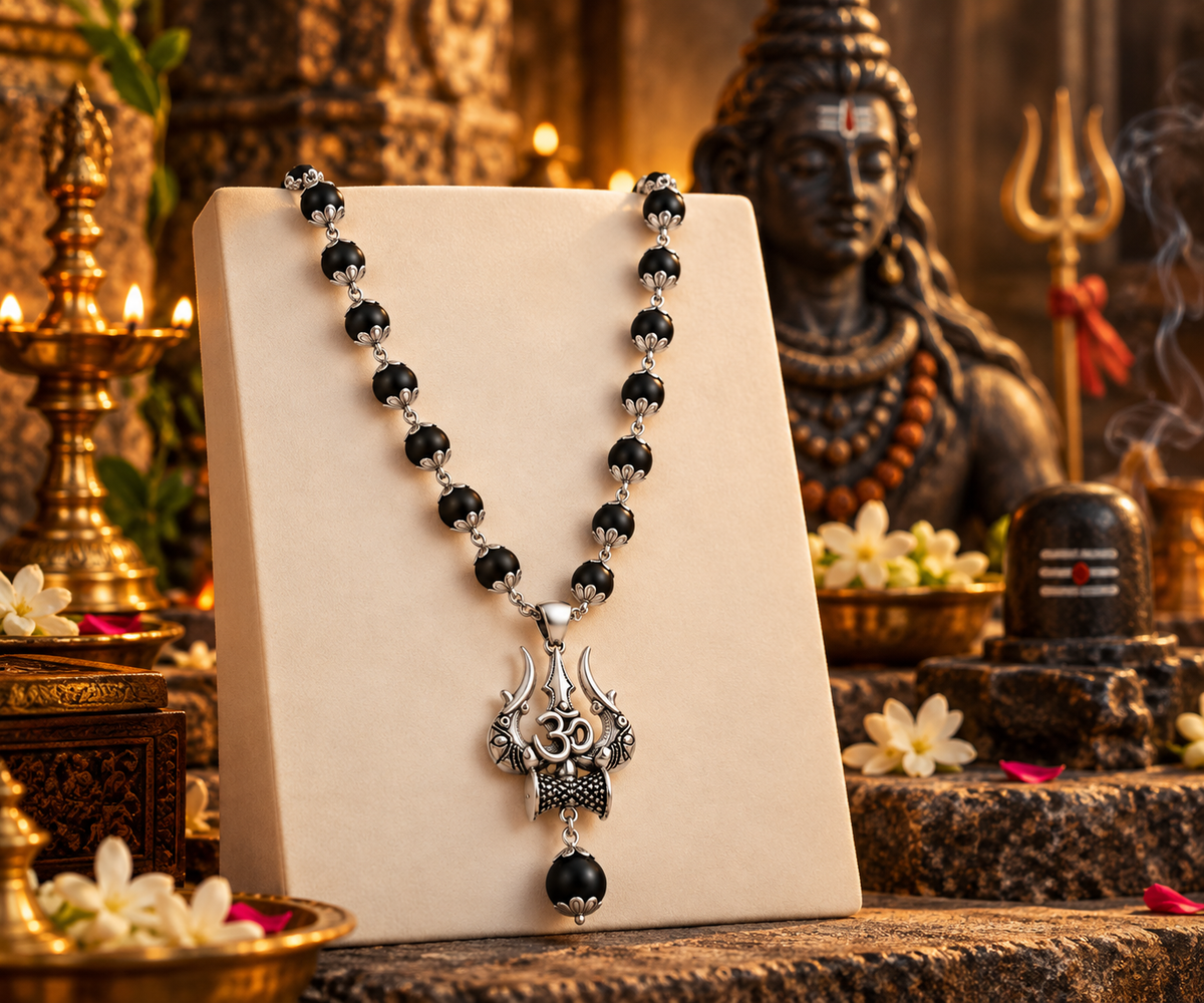 Karungali Mala with Om Shiva Trishul Pendant 