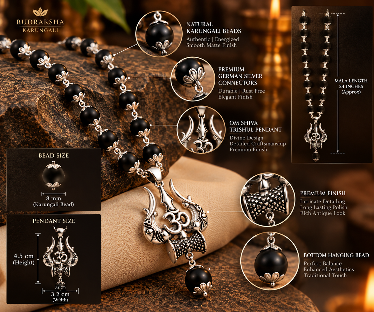 Karungali Mala with Om Shiva Trishul Pendant 