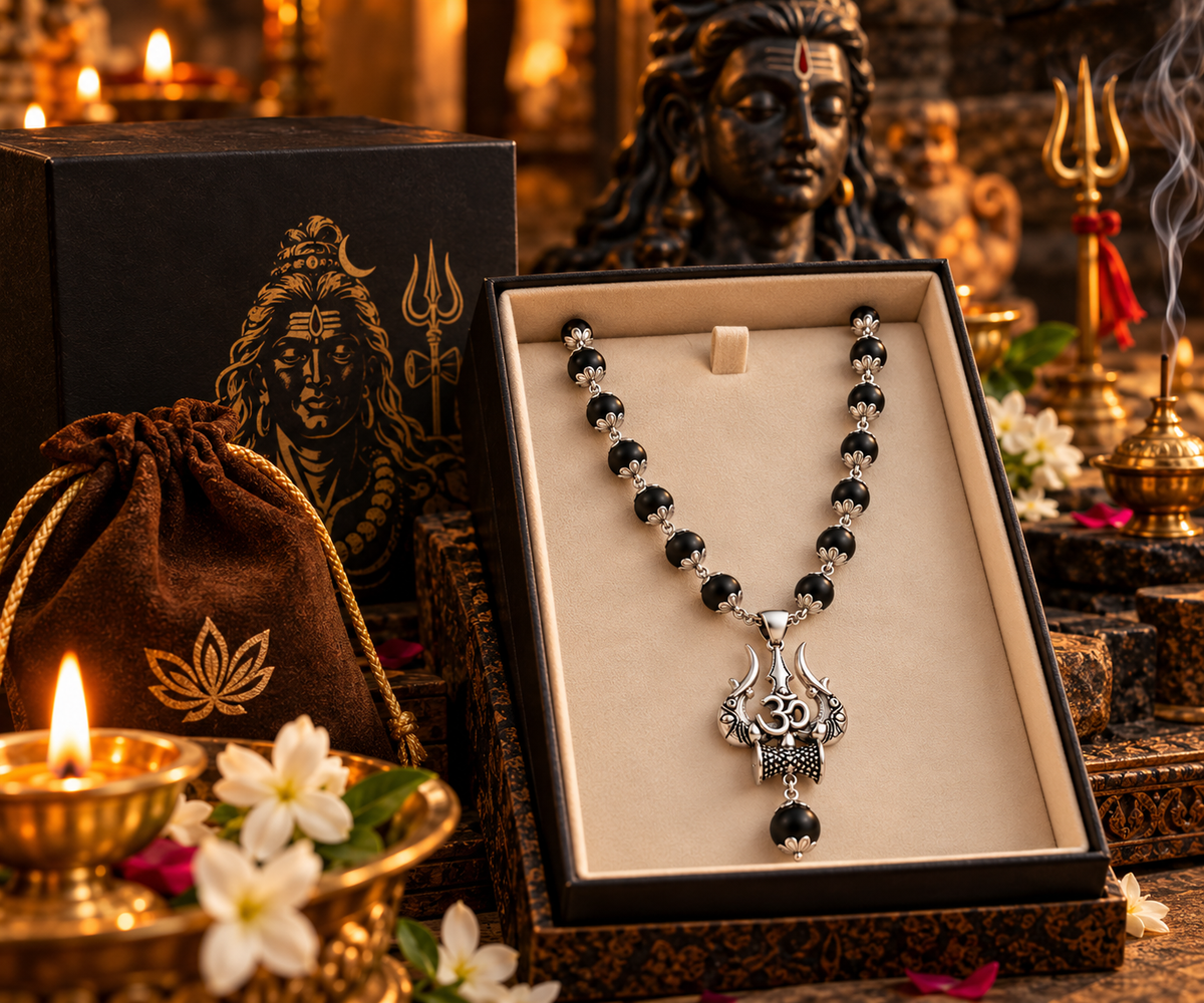 Karungali Mala with Om Shiva Trishul Pendant 
