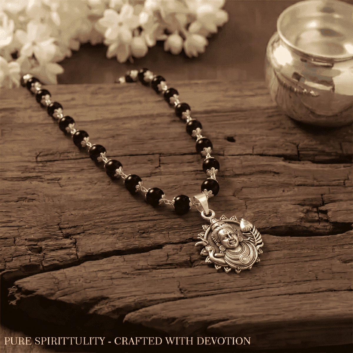 Silver Karungali Necklace with Murugan Vetri Vel Pendant