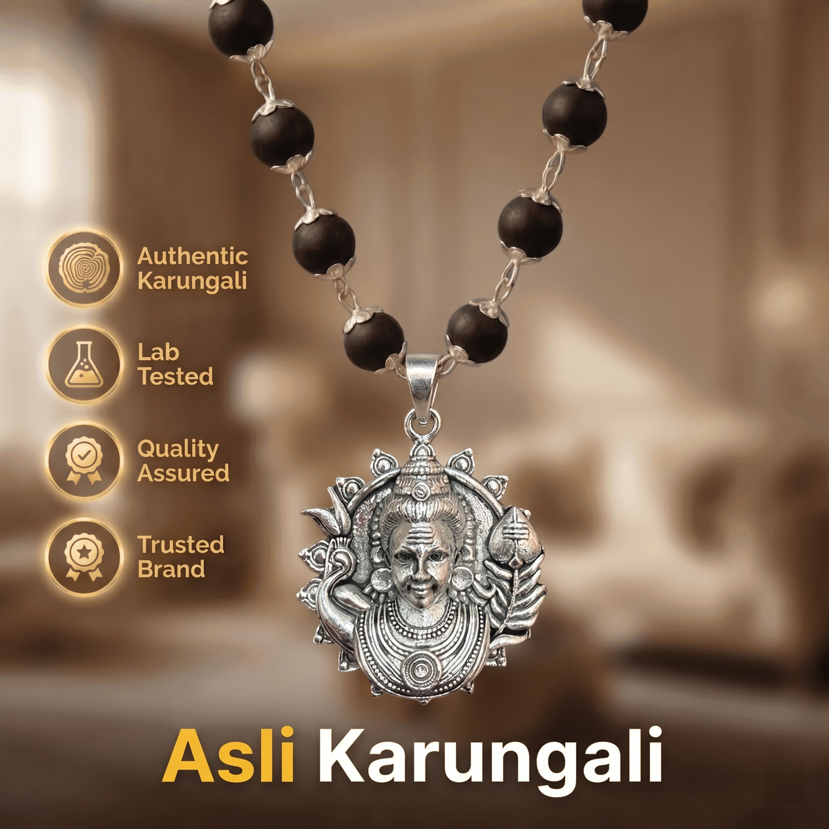 Silver Karungali Necklace with Murugan Vetri Vel Pendant